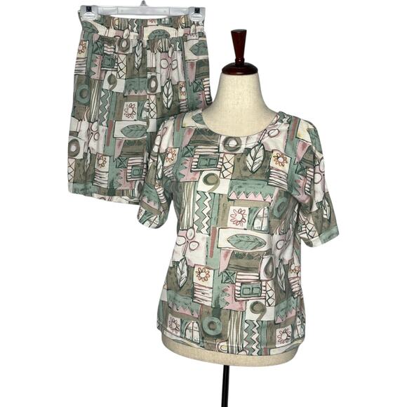 Shenanigans Pants - Vintage 90s Matching Set Women's M Shorts Top Geometric Abstract Stretch Waist